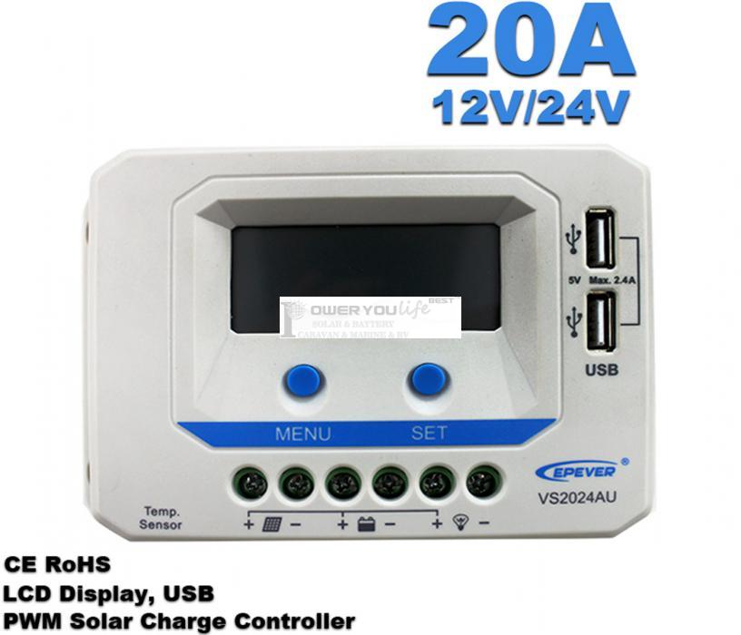 VS2024AU 20A 12V/24V solar controller positive grounding with LCD display 5VDC doubel USB output for max 50V solar panel input VS2024AU 20A 12V/24V solar controller positive grounding with LCD display 5VDC doubel USB output for max 50V solar panel input