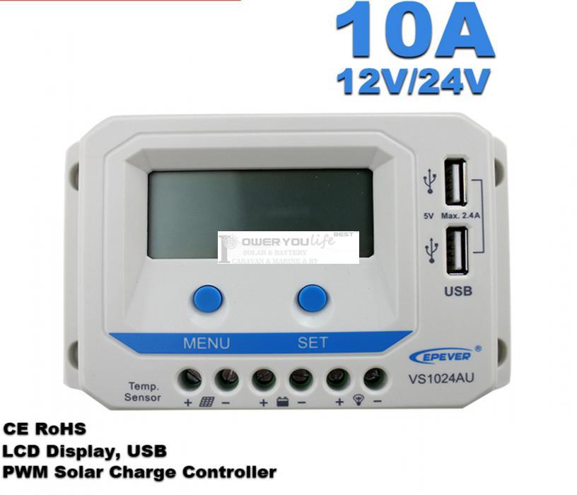 VS1024AU 10A 12V/24V solar controller positive grounding with LCD display 5VDC doubel USB output for max 50V solar panel input VS1024AU 10A 12V/24V solar controller positive grounding with LCD display 5VDC doubel USB output for max 50V solar panel input