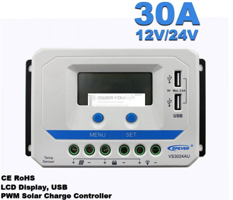 VS3024AU 30A 12V/24V solar controller positive grounding with LCD display 5VDC doubel USB output for max 50V solar panel input VS3024AU 30A 12V/24V solar controller positive grounding with LCD display 5VDC doubel USB output for max 50V solar panel input